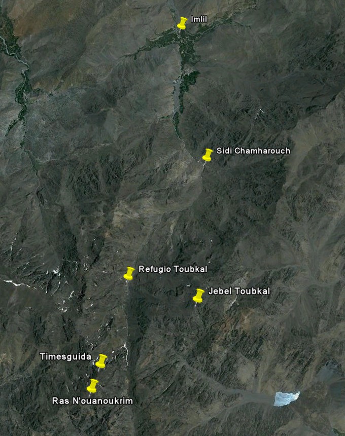 Map of the route from Imlil to the refuge of Toubkal