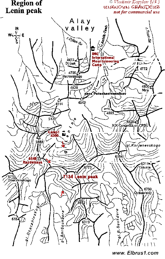 Mapa de cordales de la zona del Pico Lenin con los principales picos