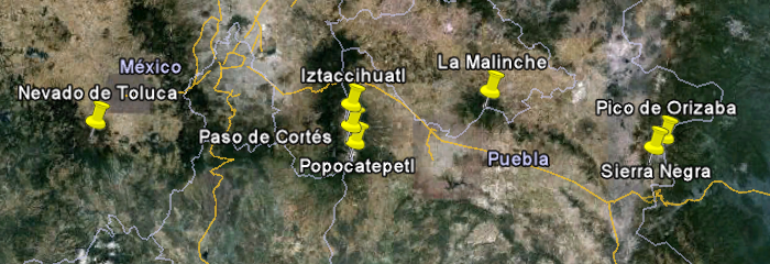 Satellite picture with the location of the main volcanoes with regard to Mexico City and Puebla